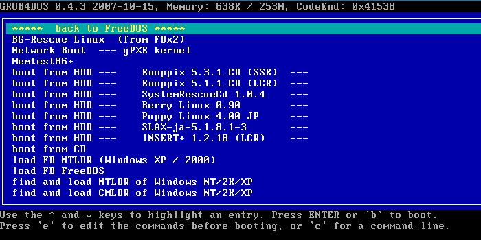 GRUB for DOSブートメニュー