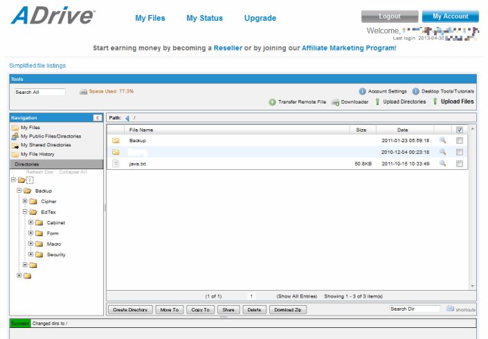 ADrive ウェブサイトのスクリーンショット